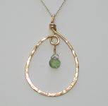 gold filled hammered teardrop pendant with green tourmaline briolette 